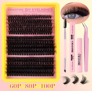DIY eyelash extension kit with 60P-100P clusters, tweezers, and bond and seal serum