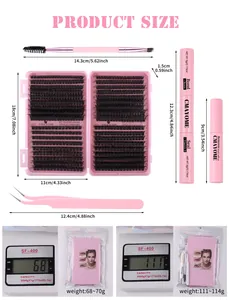 Detailed product size guide for DIY eyelash extension kit with tools and glue