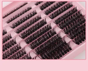 Detailed view of dense 300 clusters synthetic false eyelashes on a pink tray