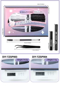 DIY eyelash extension kit showing box dimensions, bond and seal, tweezers, and scale weight