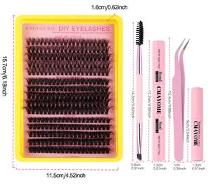 DIY eyelash extension kit with glue, tweezers, and individual lashes in mixed lengths