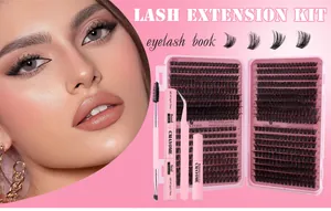 Lash extension kit with eyelash clusters, pink bond and seal, remover, and tweezers