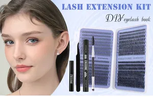 Detail van DIY wimperextensionset met 10-18mm wimpers, pincet en bond lijm.