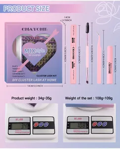 DIY eyelash extension kit detail showing product dimensions and exact weights on scales