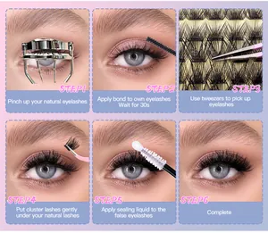Step-by-step DIY eyelash extension guide with bond, sealant, and application tools