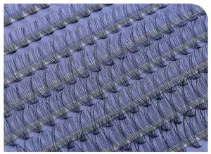 Macro-opname van 80D en 100D pluizige zwarte DIY wimperclusters op een paarse kaart