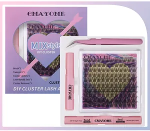 DIY eyelash extension kit with black lash clusters, tweezers, and professional bond and seal