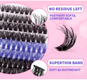 Dettaglio macro di extension ciglia DIY con bande sottili e fibre blu morbide