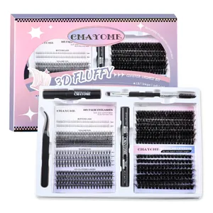 DIY eyelash extension kit with glue, seal, remover, tweezers, and multi-size lash clusters