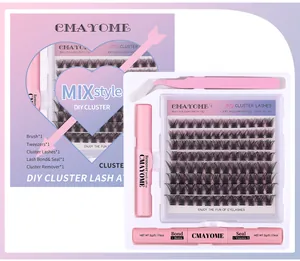 Kit d'extension de cils DIY avec grappes C-curl, colle, scellant, dissolvant et pince