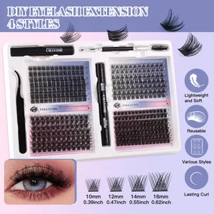 Complete DIY wimperverlengingsset met lijm, pincet en clusters van verschillende lengtes