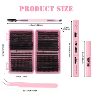 DIY eyelash extension kit with 80D-150D clusters, bond, seal, and pink stainless tweezers