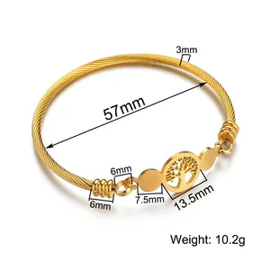 Detailed view of 57mm gold-plated woven wire bracelet with Tree of Life pendant charm