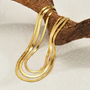 Minimalist 18K Gold Plated Stainless Steel Flat Herringbone Snake Chain Necklace For Women Elegant Snake Bone Choker Jewelry