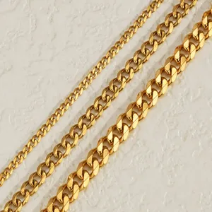 Three widths of gold plated stainless steel Cuban link chains in flat nested design