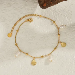 Bracelet de cheville en acier inoxydable doré 14K avec coquillages et perles