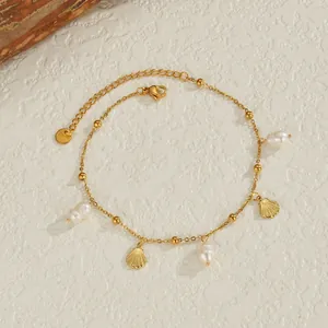 Bracelet de Cheville en Acier Inoxydable Plaqué Or Coquillage et Künstliche Perle pour Femme Bijoux de Plage Bohème Bracelet de Cheville Réglable Croix
