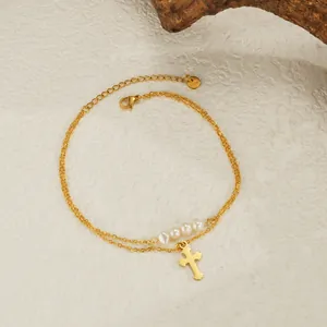 Chaîne de cheville double couche en acier doré avec perles et pendentif croix rétro