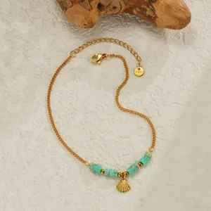 Bracelet de cheville en acier inoxydable avec perles bleues et pendentif coquillage