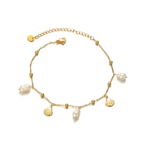 Bracelet de cheville en acier inoxydable doré 14K avec coquillage et perle baroque