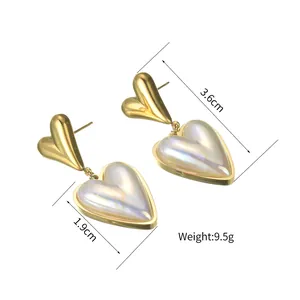 Gold heart drop earrings with pearl inlay, 3.6cm length minimalist stainless steel jewelry