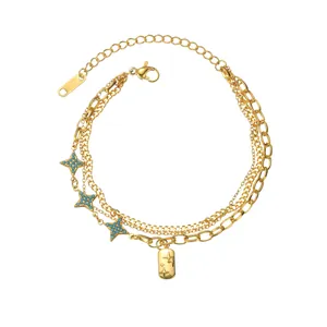 Triple-layered gold-plated stainless steel star bracelet with blue beads and rectangular charm