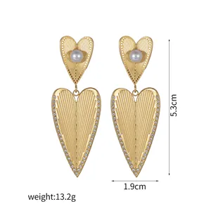 14K gold plated stainless steel double heart earrings with pearls and crystal rhinestones