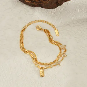 Chic layered gold-plated stainless steel bracelet featuring star charms and square pendant