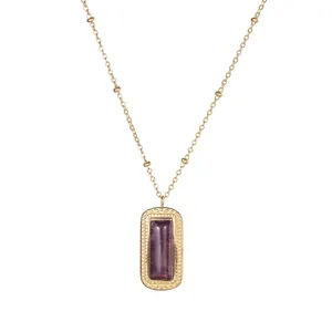 Bohemian gold plated stainless steel necklace with rectangular purple natural stone pendant