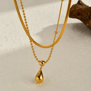 Double-layer 18K gold plated stainless steel necklace with water drop pendant and blade chain