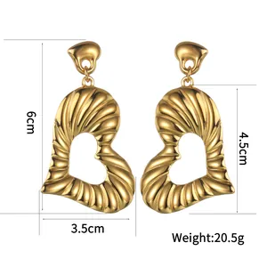 Exaggerated large hollow heart earrings with 18K gold-plated striped texture for women