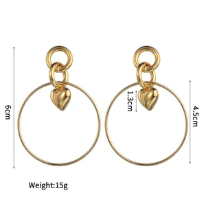 18K gold plated stainless steel heart hoop earrings with triple rings and measurements