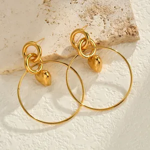 French vintage style 18K gold plated stainless steel hoop earrings with heart charms