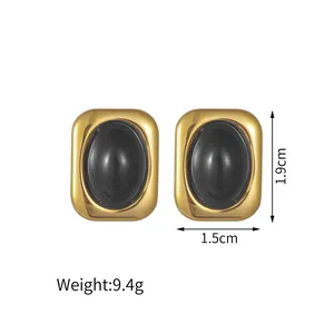 Retro 18K gold plated earrings with black oval stone and 1.9cm height dimensions