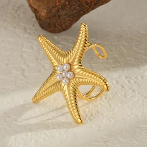 Mode Roestvrij Staal Zeester Kunstparel Open Ring Voor Vrouwen 18K Verguld Oceaan Schelp Ontwerp Statement Ring Mariene Sieraden