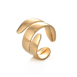 Minimalistischer, 14K vergoldeter Edelstahlring mit dreilagigem Blatt-Design, offen
