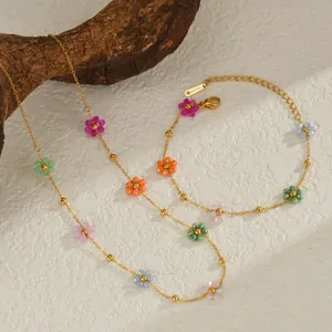 18K gold-plated stainless steel jewelry set with colorful floral beads and gold chain