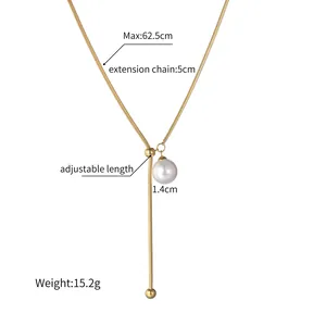 Collana a Y dorata con perla e nappa a sfera in metallo e catena a serpente regolabile
