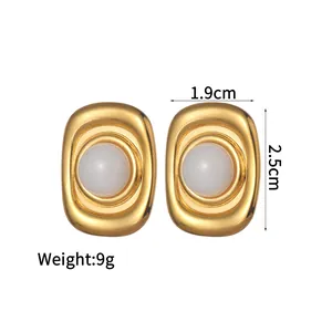 18K gold plated stainless steel geometric earrings with white stone center for women