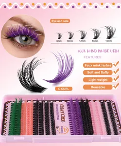 Macro detail of D-curl colorful faux mink lash clusters from 8mm to 16mm length