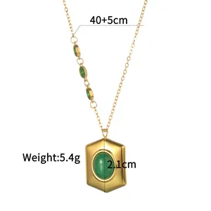 18K gold plated stainless steel hexagonal pendant necklace with green stone, 40+5cm