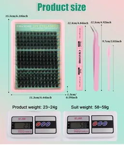Detailed size chart for DIY eyelash extension kit with glue, tweezers, and clusters