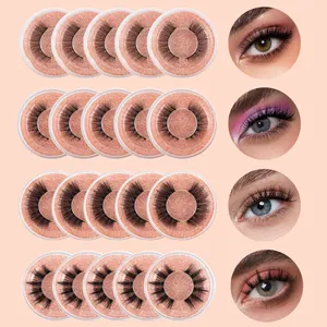 Set of 20 pairs of dense 3D eyelashes in glittery pink round cases with eye makeup views