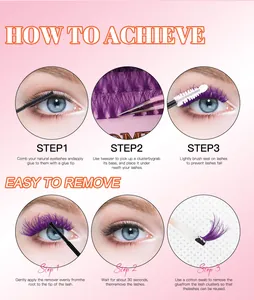 Detailed 6-step tutorial for applying and removing purple DIY cluster eyelashes
