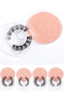 Detail of 20 pairs natural thick false eyelashes set with pink glitter round packaging