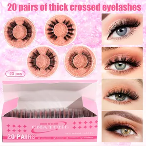 Macro shot of 20 pairs of 3D thick crossed eyelashes in pink professional packaging
