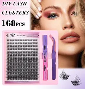 DIY cluster lashes set with 168 pieces C curl extensions, glue, and purple tweezers