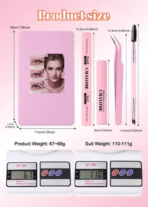DIY eyelash extension kit with glue, remover, tweezers, and brush in pink storage box
