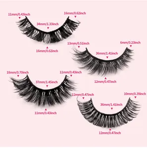 Size chart showing lengths and band widths for four styles of natural false eyelashes