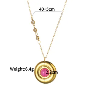 18K gold plated stainless steel necklace featuring a round pendant with pink gemstone